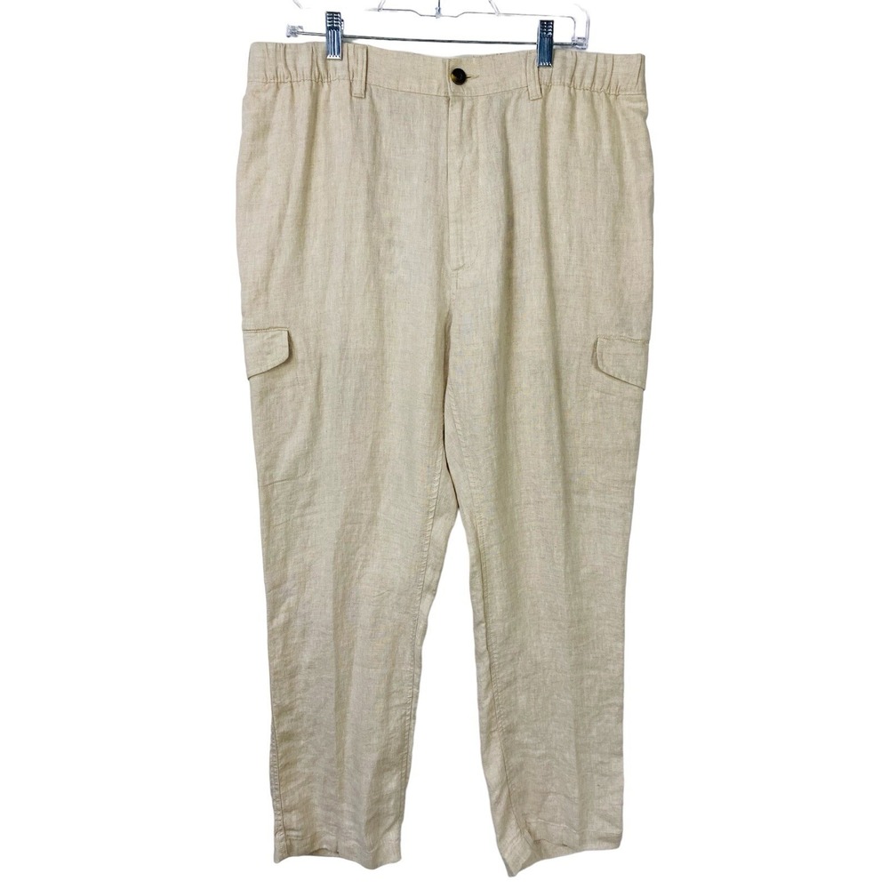 Caribbean Men's Linen‎ Cargo Pants Size 36x30 Tan Elastic Waist Neutral Coastal